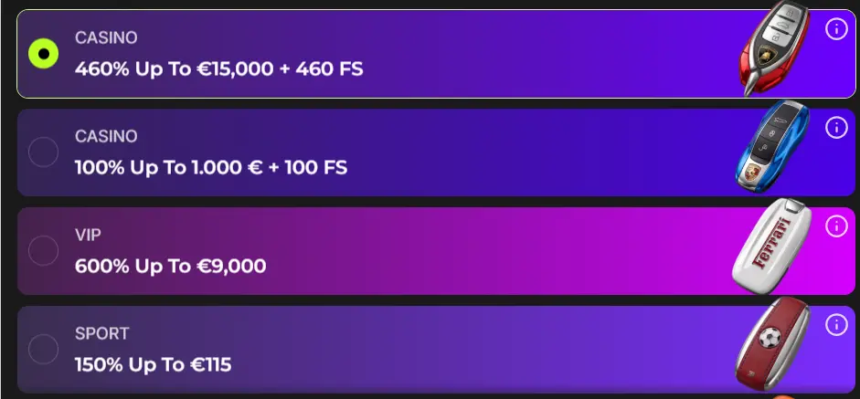 Dieselwin Casino — bonus selector with casino, VIP and sport welcome packages